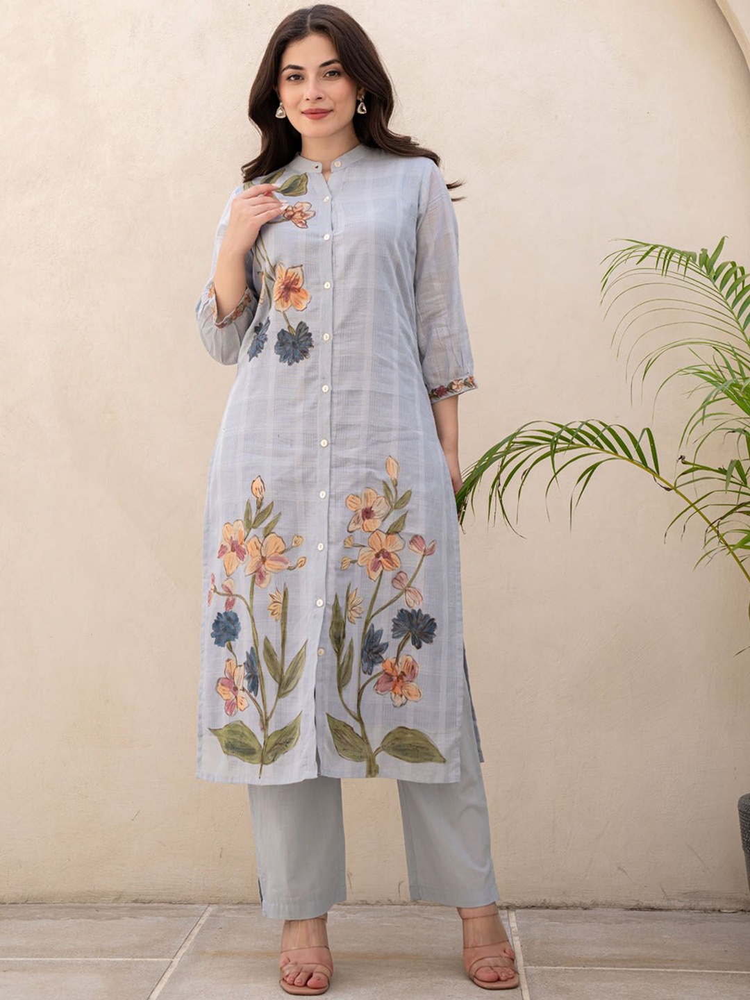 

FASHION DWAR Floral Printed Pure Cotton Tunic & Trouser Co-Ords, Grey