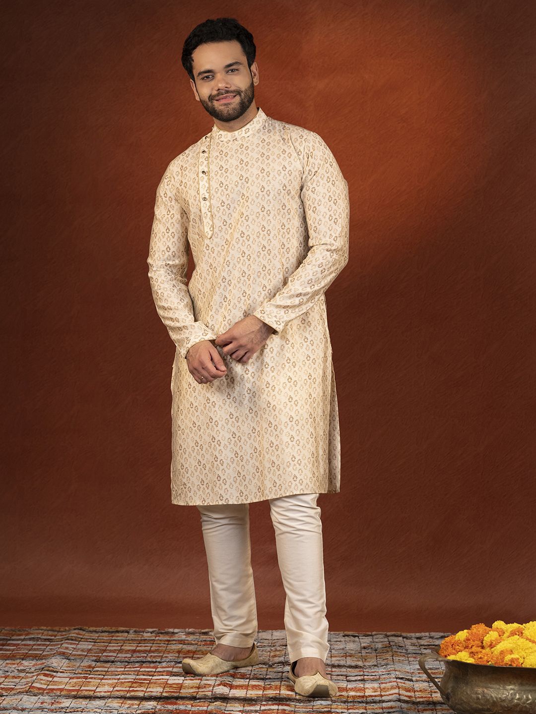 

TheEthnic.Co Floral Printed Pure Cotton Straight Kurta with Trousers, Cream
