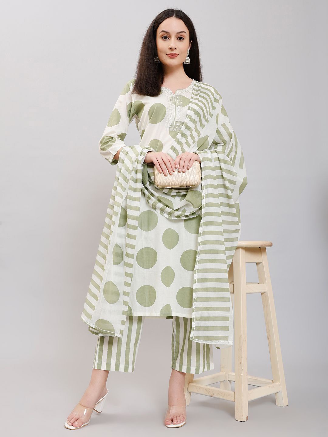 

ZARI Polka Printed Pure Cotton Straight Kurta with Trousers & Dupatta, Green