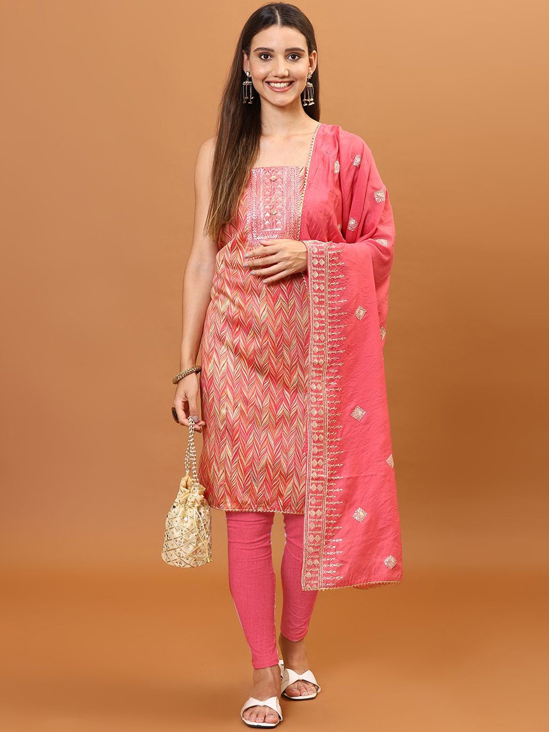 

Meena Bazaar Floral Printed Sequinned Unstitched Dress Material, Pink