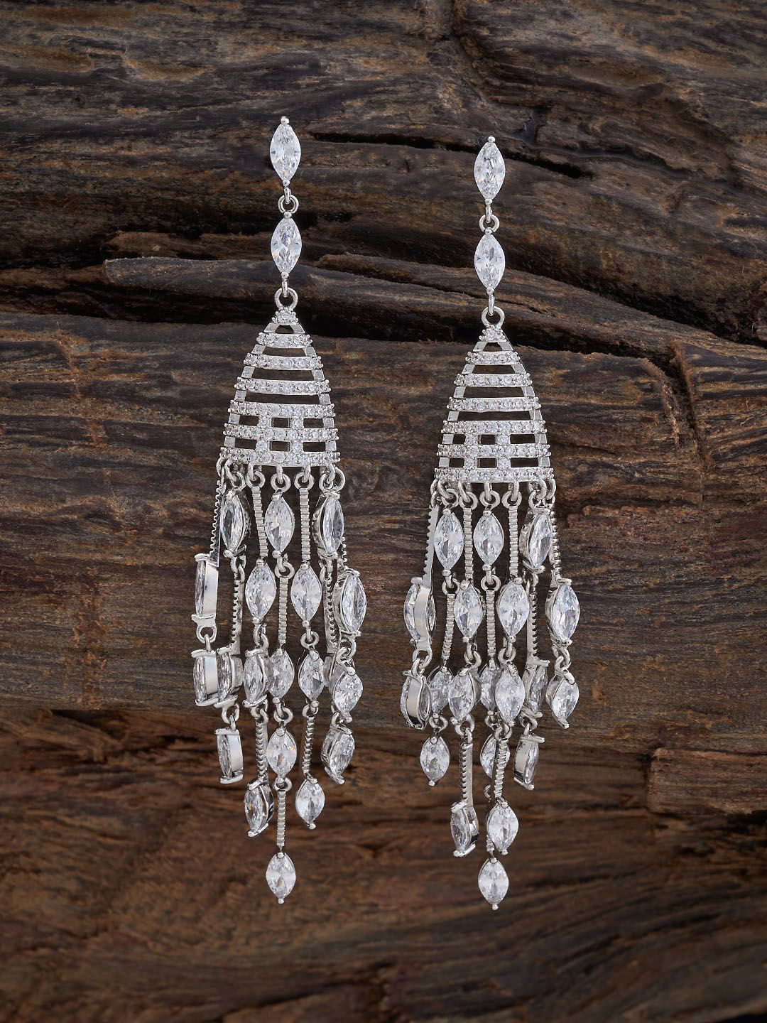 

Kushal's Fashion Jewellery Rhodium-Plated Leaf Shaped Cubic Zirconia Studded Drop Earrings, White