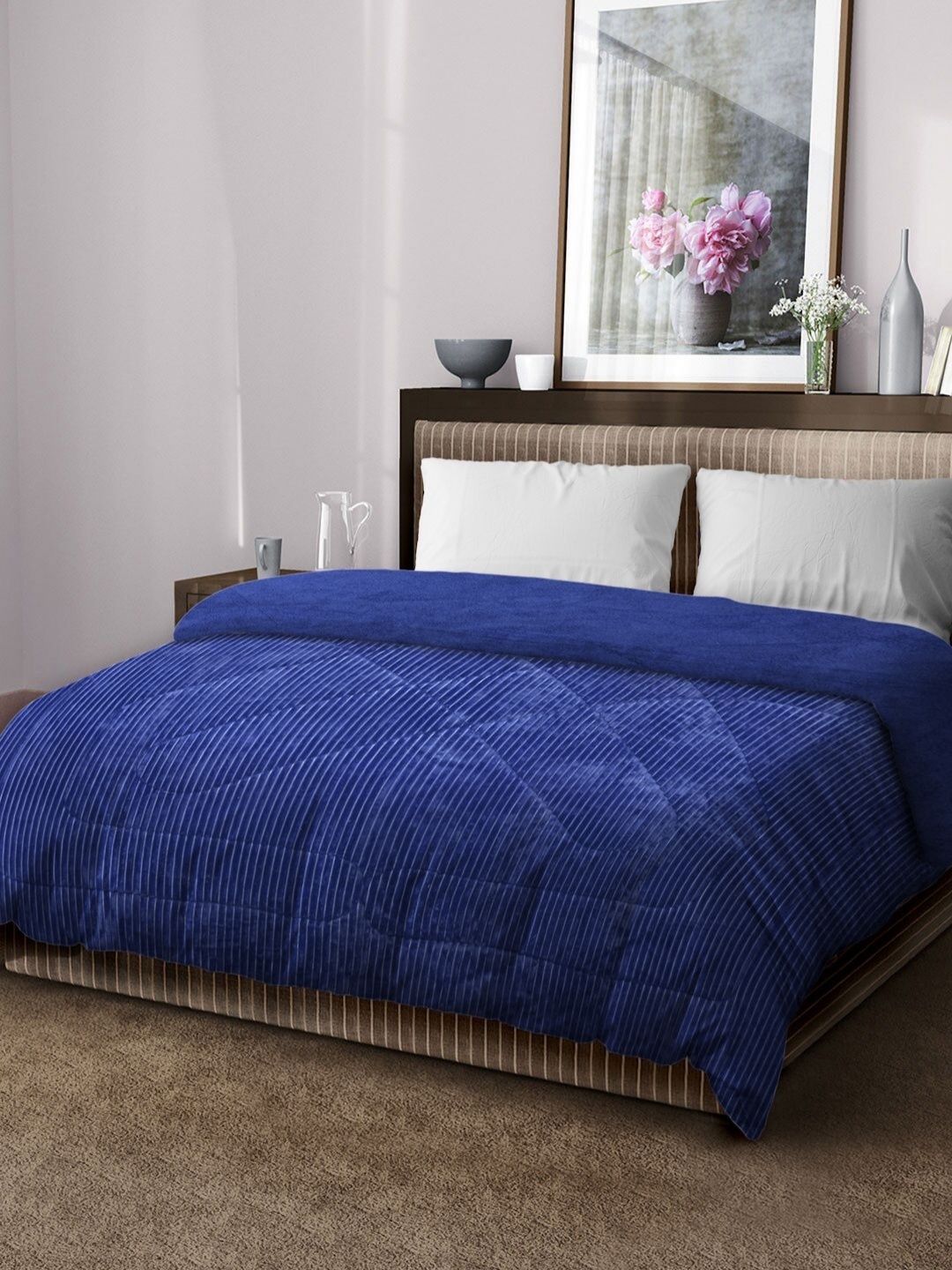 

KLOTTHE Blue Striped Microfibre Filling 950 GSM Woolen Heavy Winter Double Bed Quilt