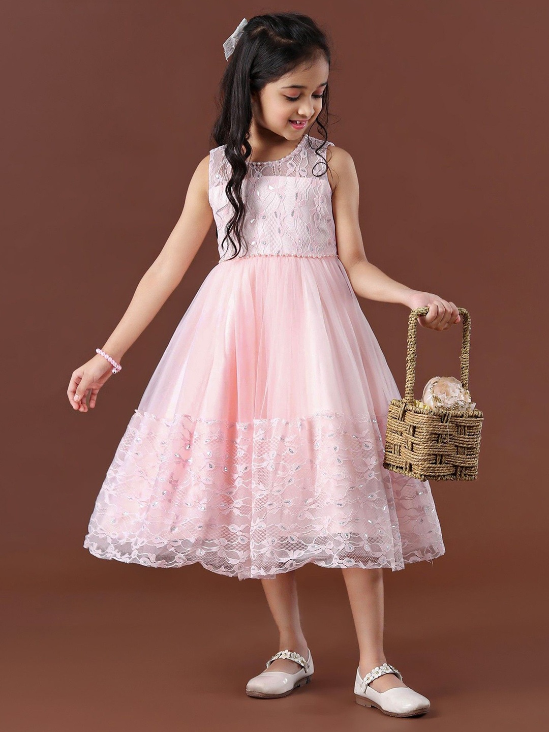 

Mark & Mia Girls Round Neck Fit & Flare Midi Dress, Pink