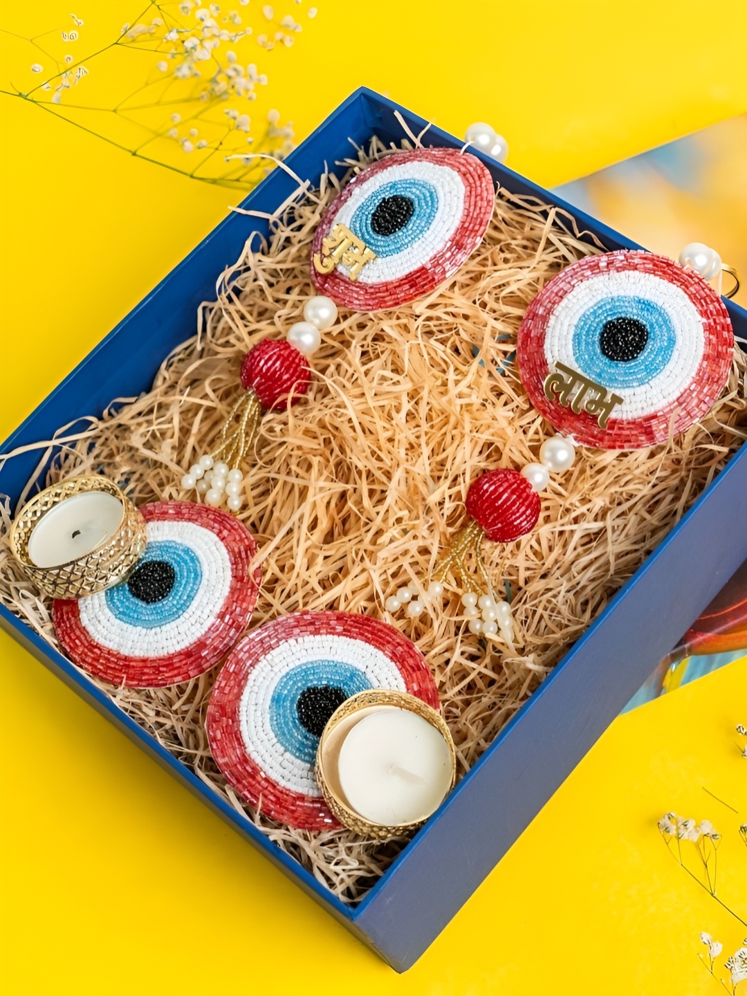 

The Advitya Pink Evil Eye ShubhLabh Wall Hanging Pair & Candle Holder Diwali Gift Hamper, Blue