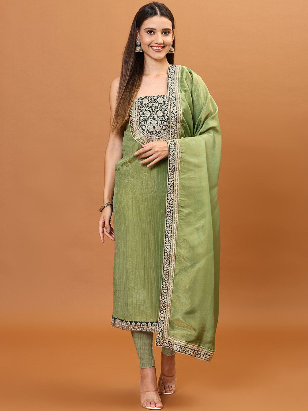 

Meena Bazaar Floral Embroidered Sequinned Unstitched Dress Material, Green