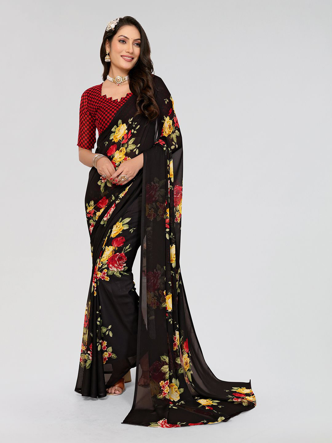 

Moda Rapido Floral Poly Georgette Saree, Black
