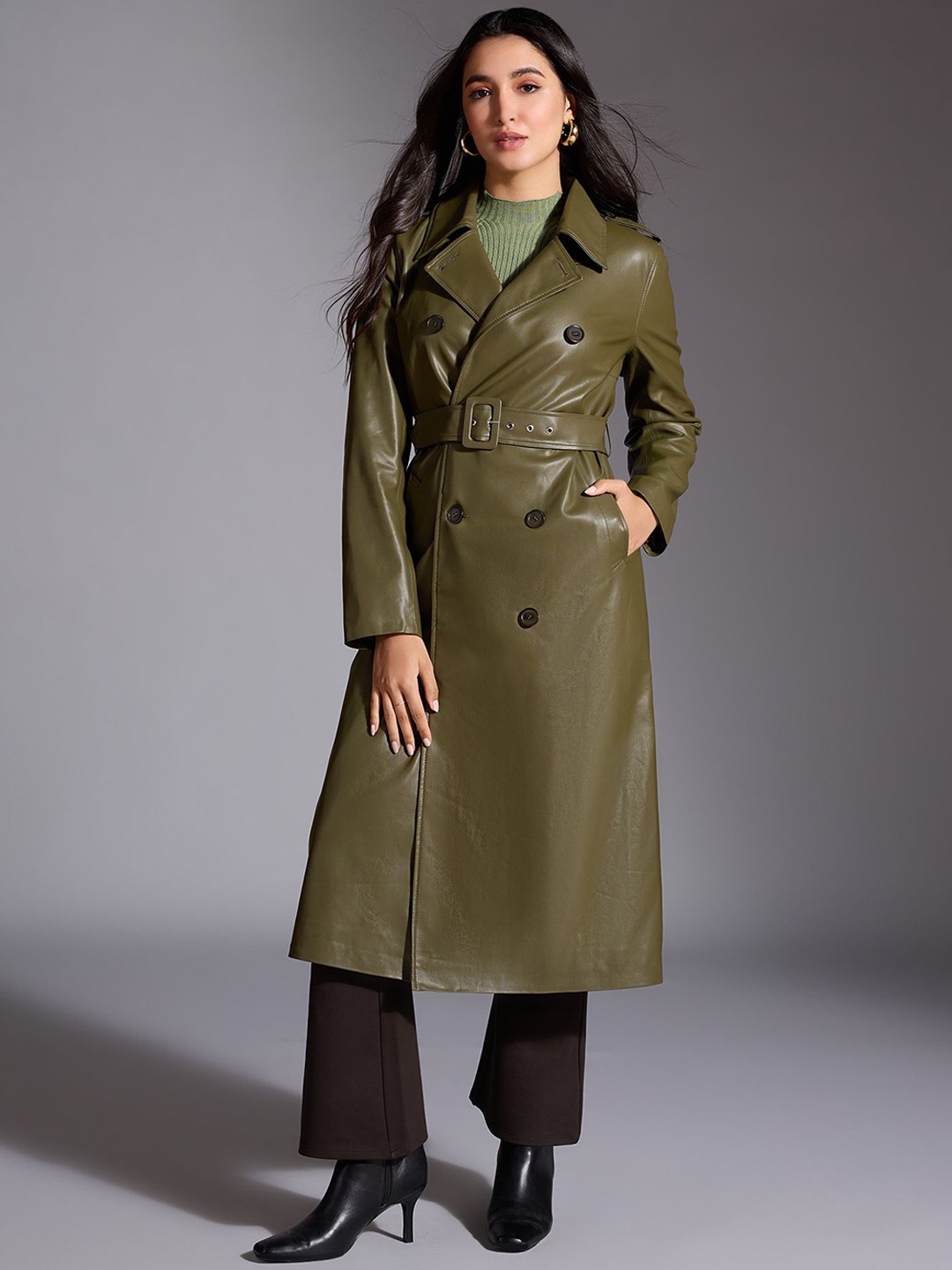 

20Dresses Double-Breasted Overcoat With Belt, Olive