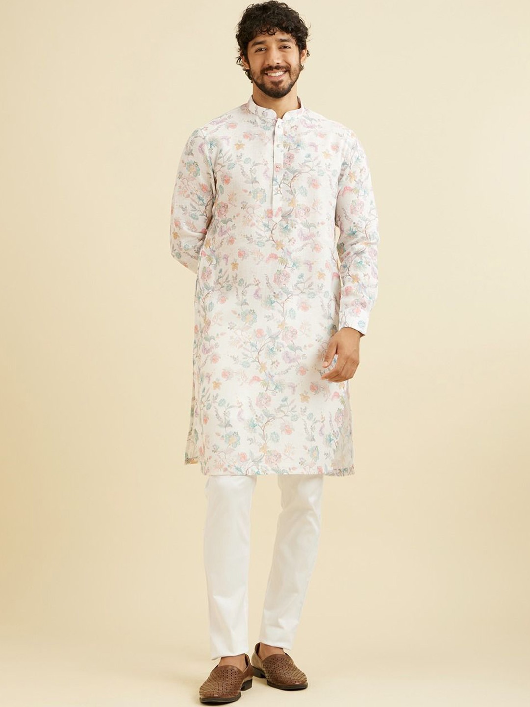 

Manyavar Floral Printed Mandarin Collar Straight Kurta, White