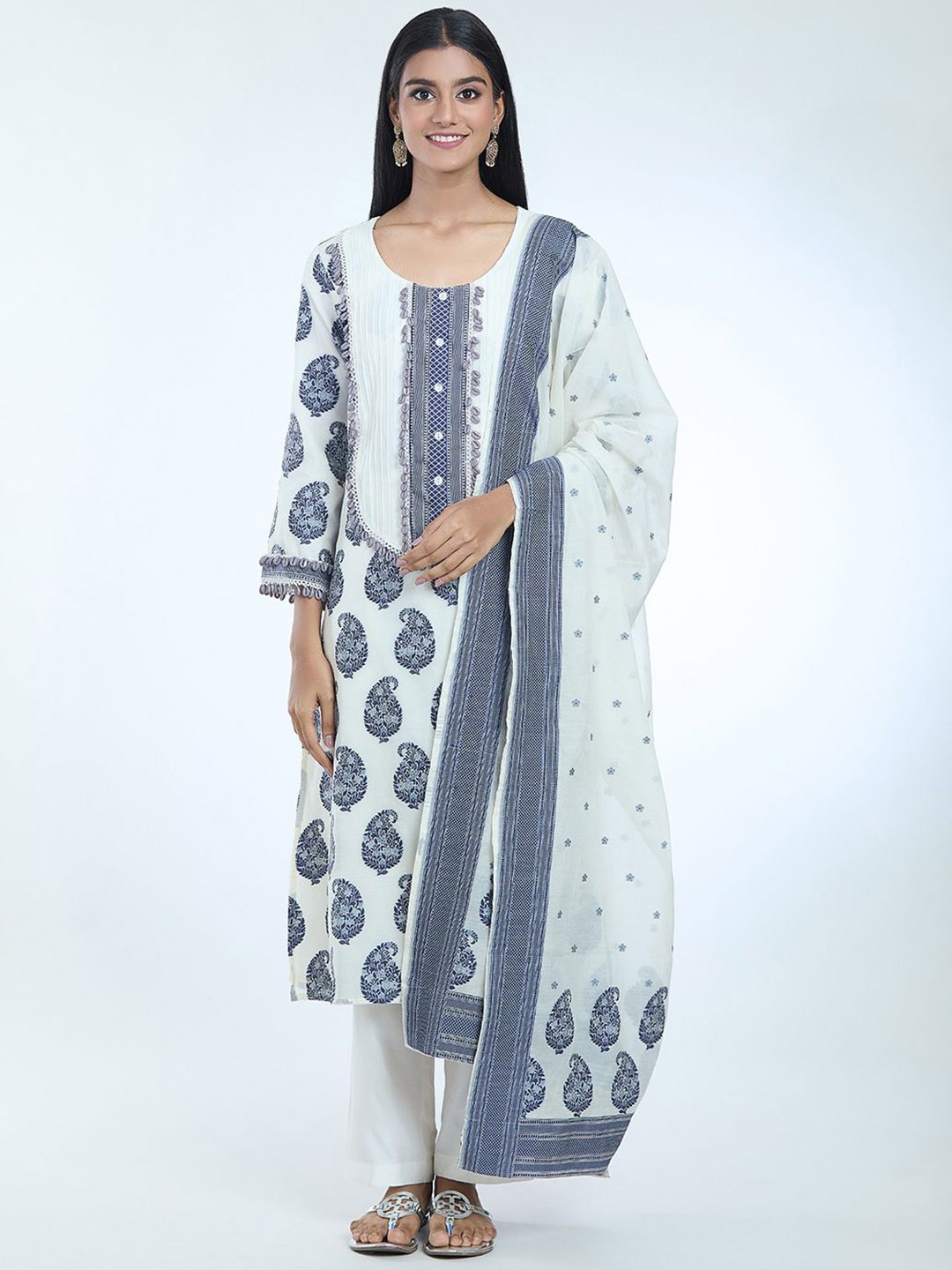 

Adara Khan Paisley Printed Regular Chanderi Cotton Straight Kurta with Trousers & Dupatta, Cream