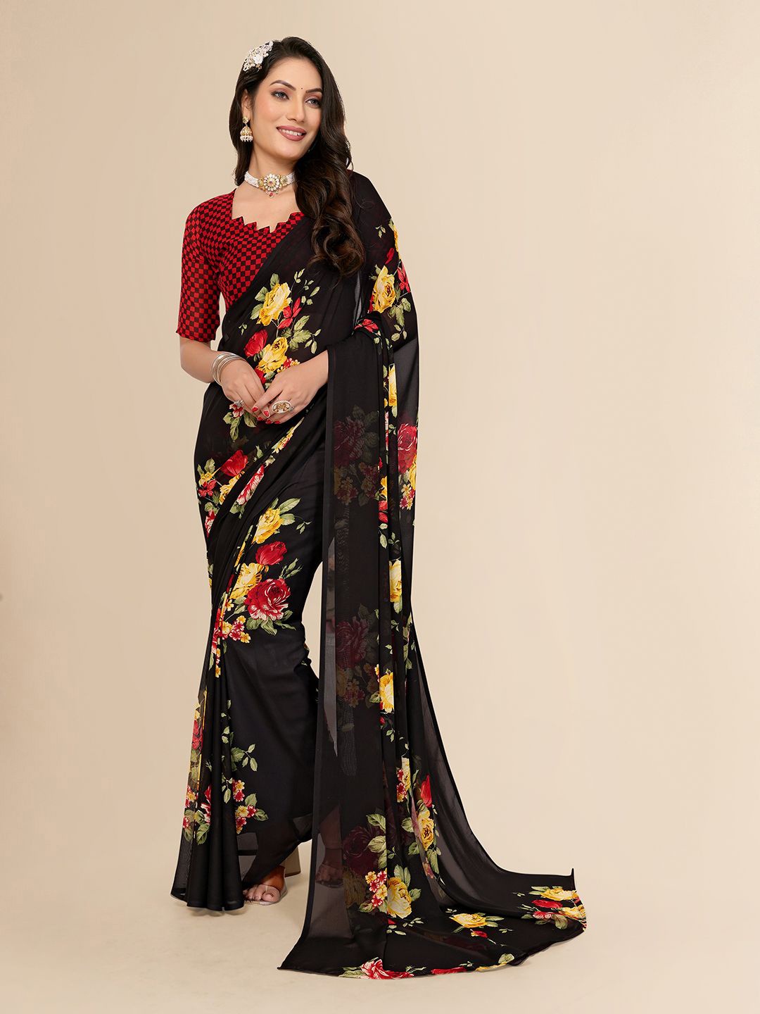 

Moda Rapido Floral Poly Georgette Saree, Black