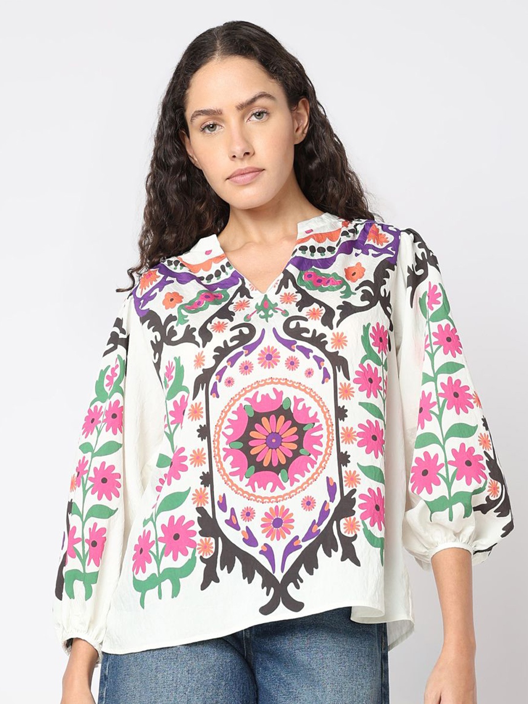 

Vero Moda Women Ethnic Motifs Printed Bishop Sleeves Ethnic Top, White