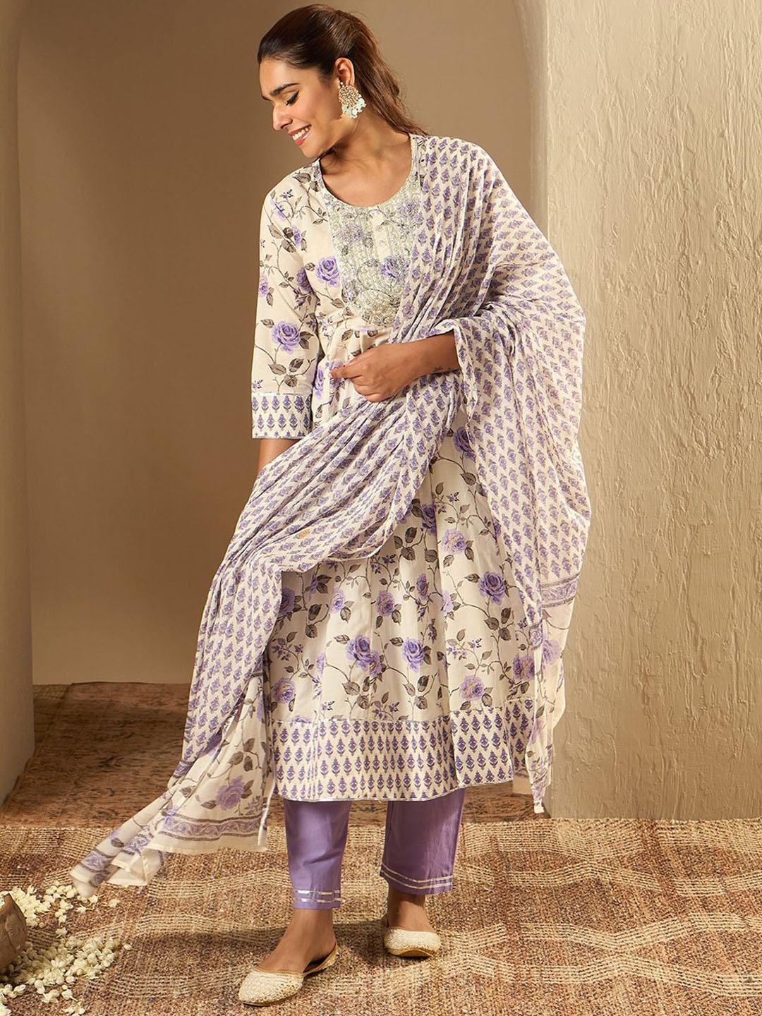 

Indo Era Floral Printed A-Line Sequinned Pure Cotton Kurta with Trousers & Dupatta, Off white