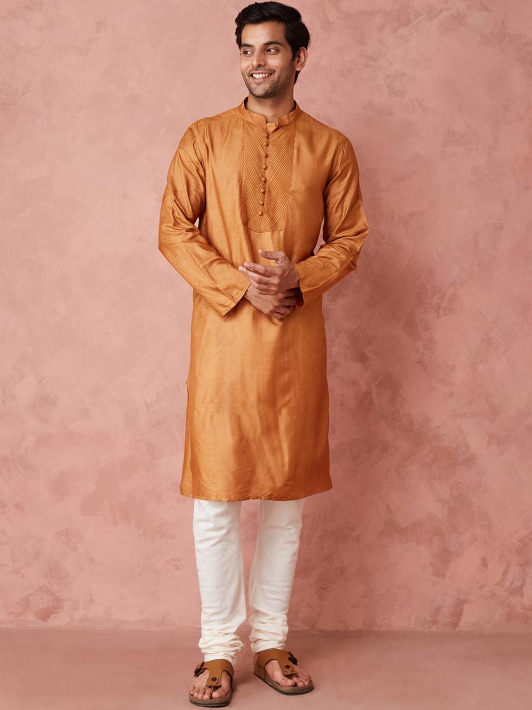 

Fabindia Comfort Fit Mandarin Collar Silk Straight Kurta, Mustard