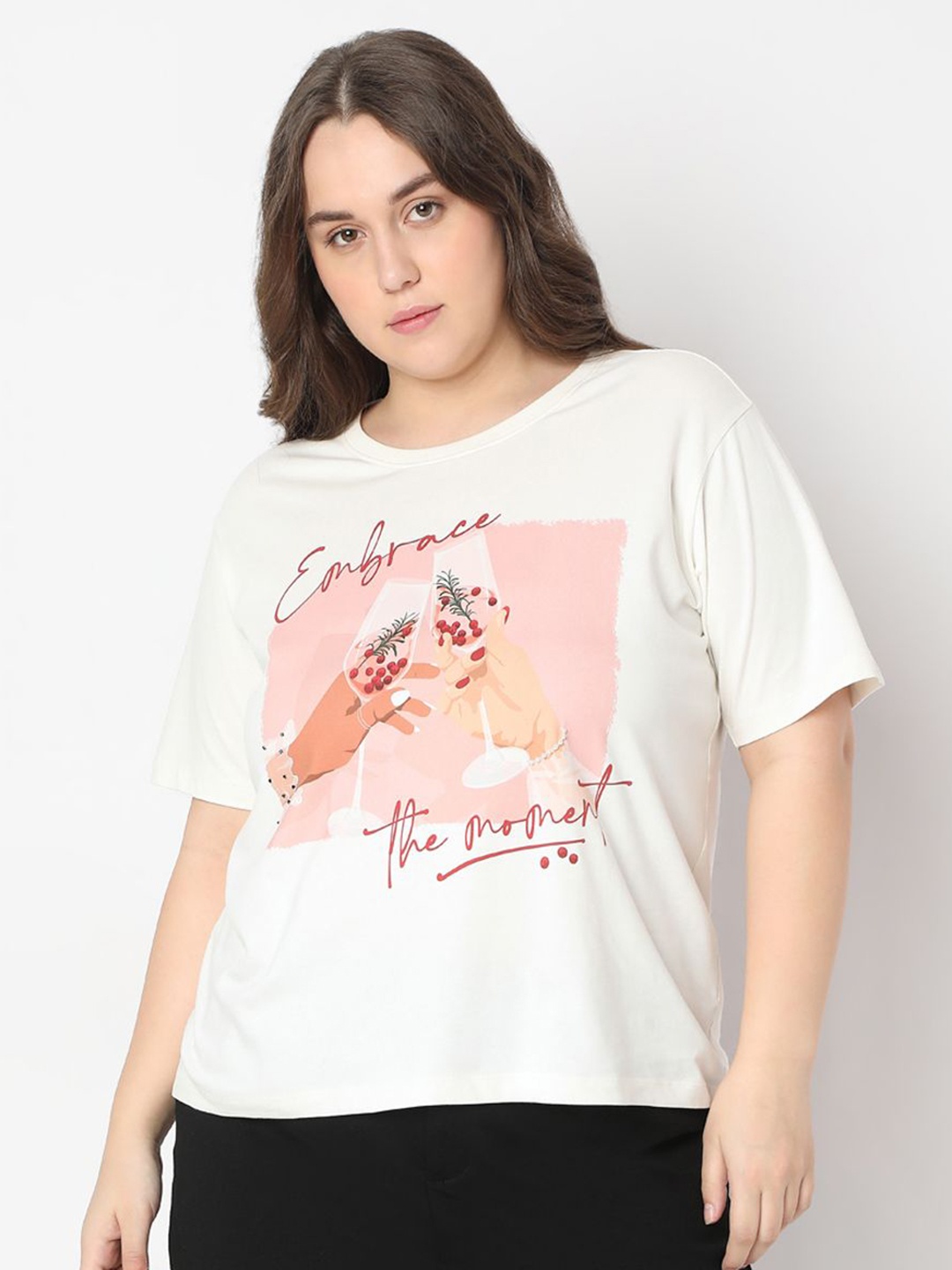 

VERO MODA CURVE Women Plus Size Graphic Printed Round Neck Cotton T-shirt, White