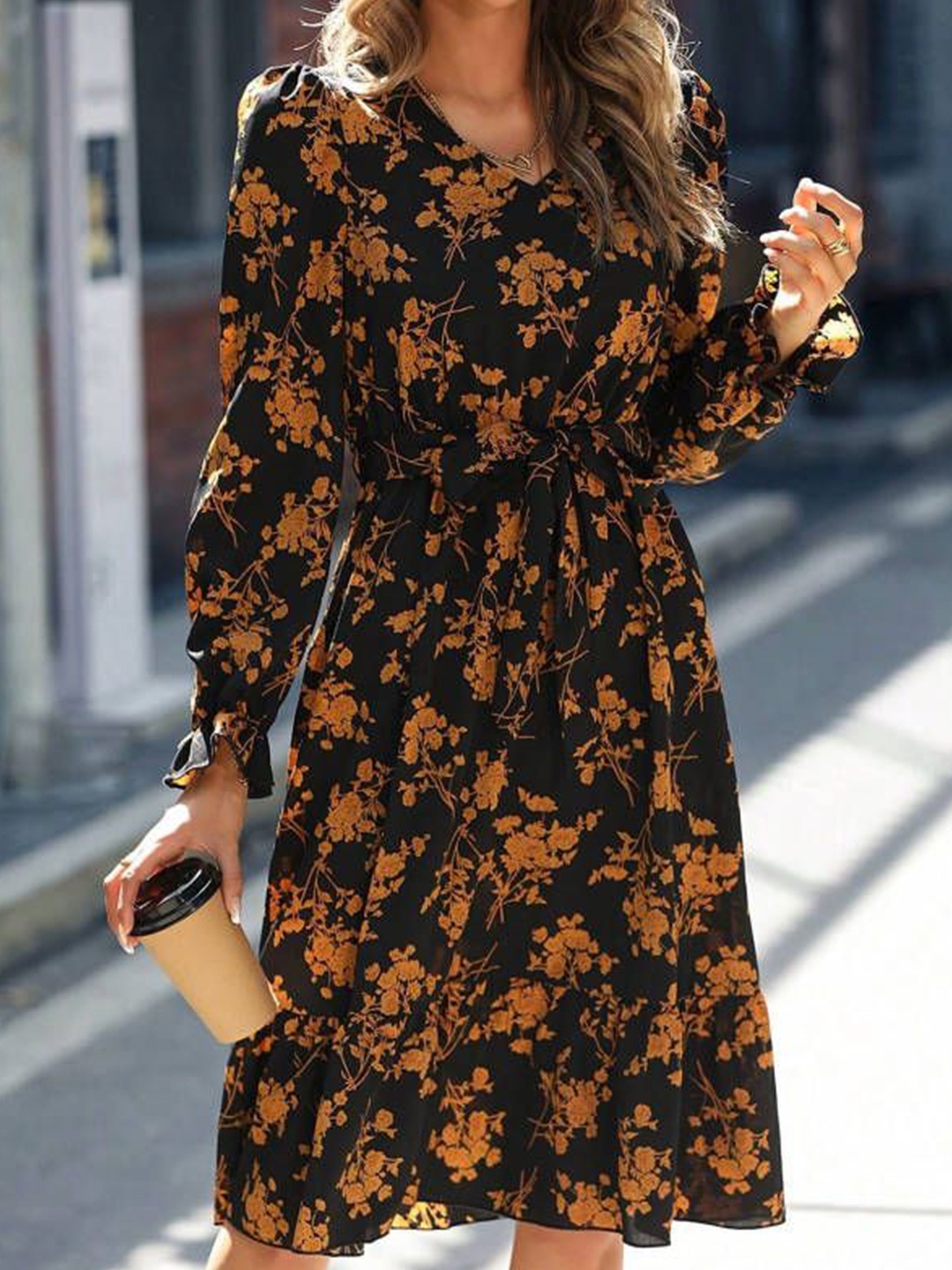 

HERE&NOW Women Floral Printed Fit & Flare Dress, Black