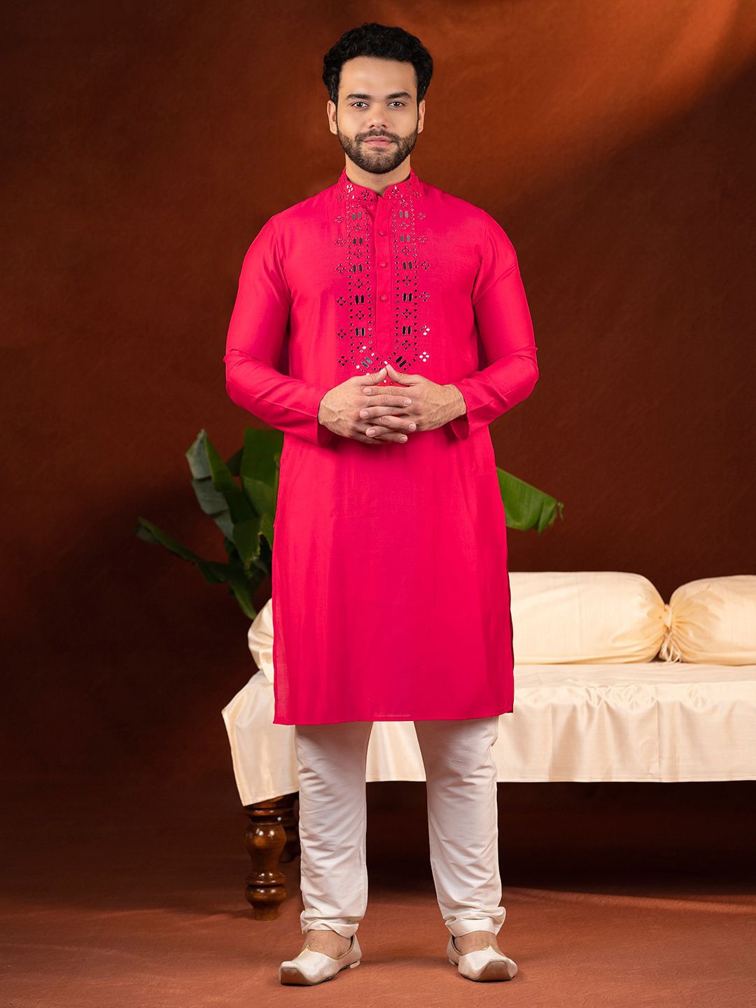 

TheEthnic.Co Geometric Embroidered Mirror Work Pure Cotton Straight Kurta with Churidar, Red