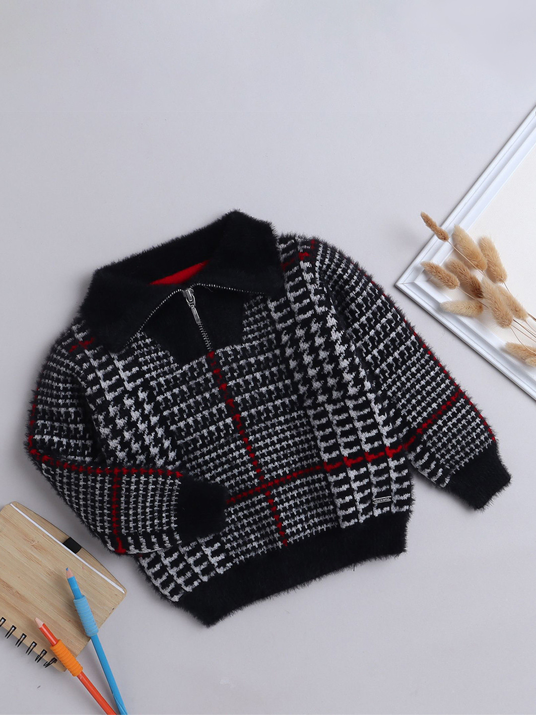 

Yellow Apple Boys Checked Woollen Sweater Vest, Black