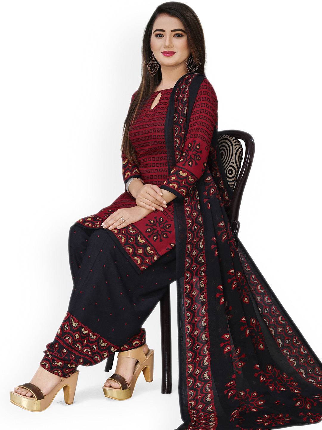 

Maroosh Geometric Printed Unstitched Dress Material, Red