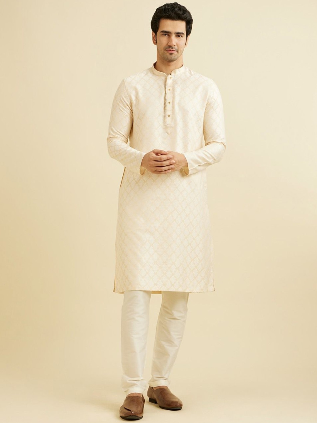 

Manyavar Ethnic Motifs Woven Design Thread Work Straight Kurta With Trousers, Cream