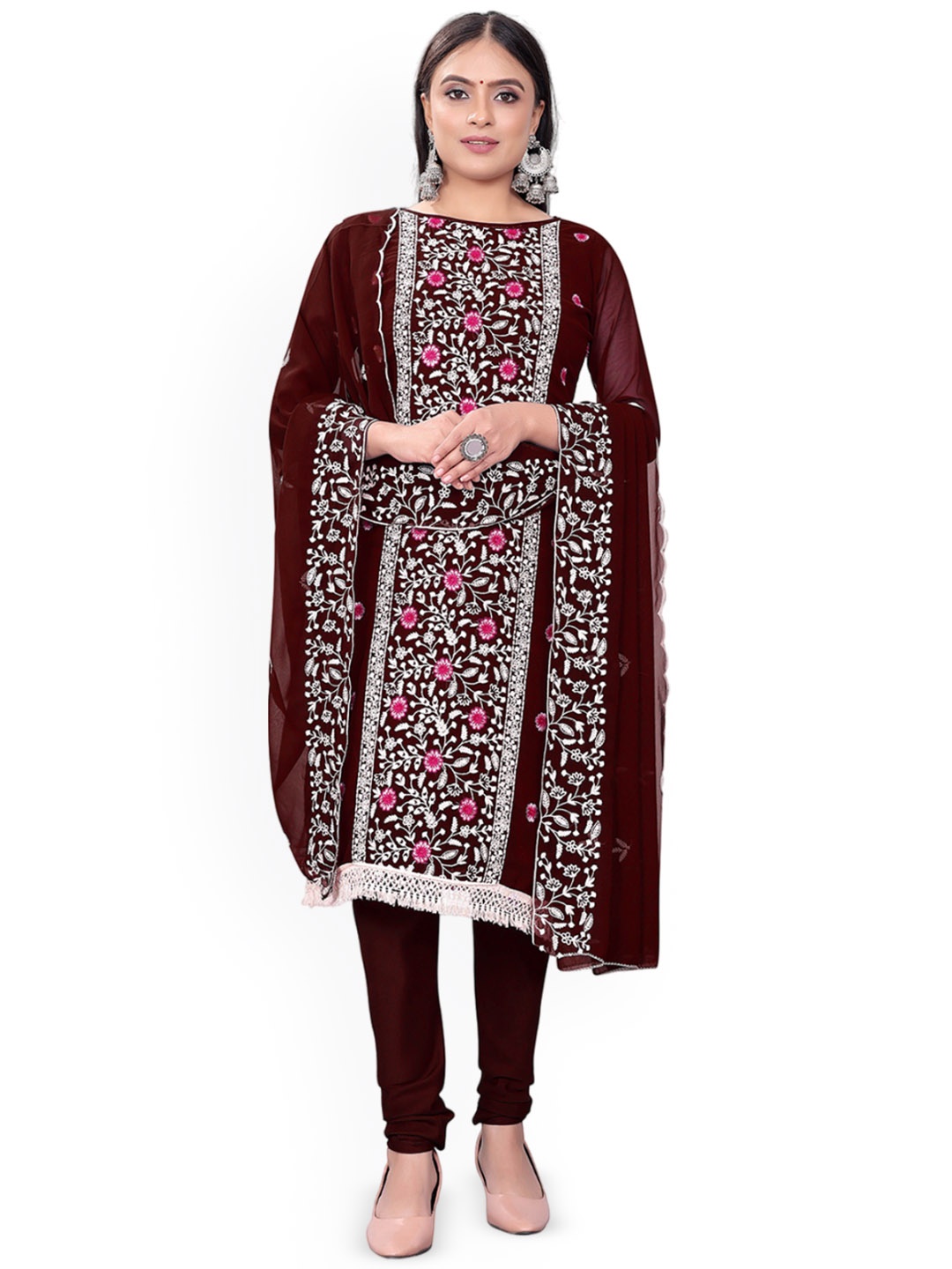 

Maroosh Floral Embroidered Unstitched Dress Material, Maroon