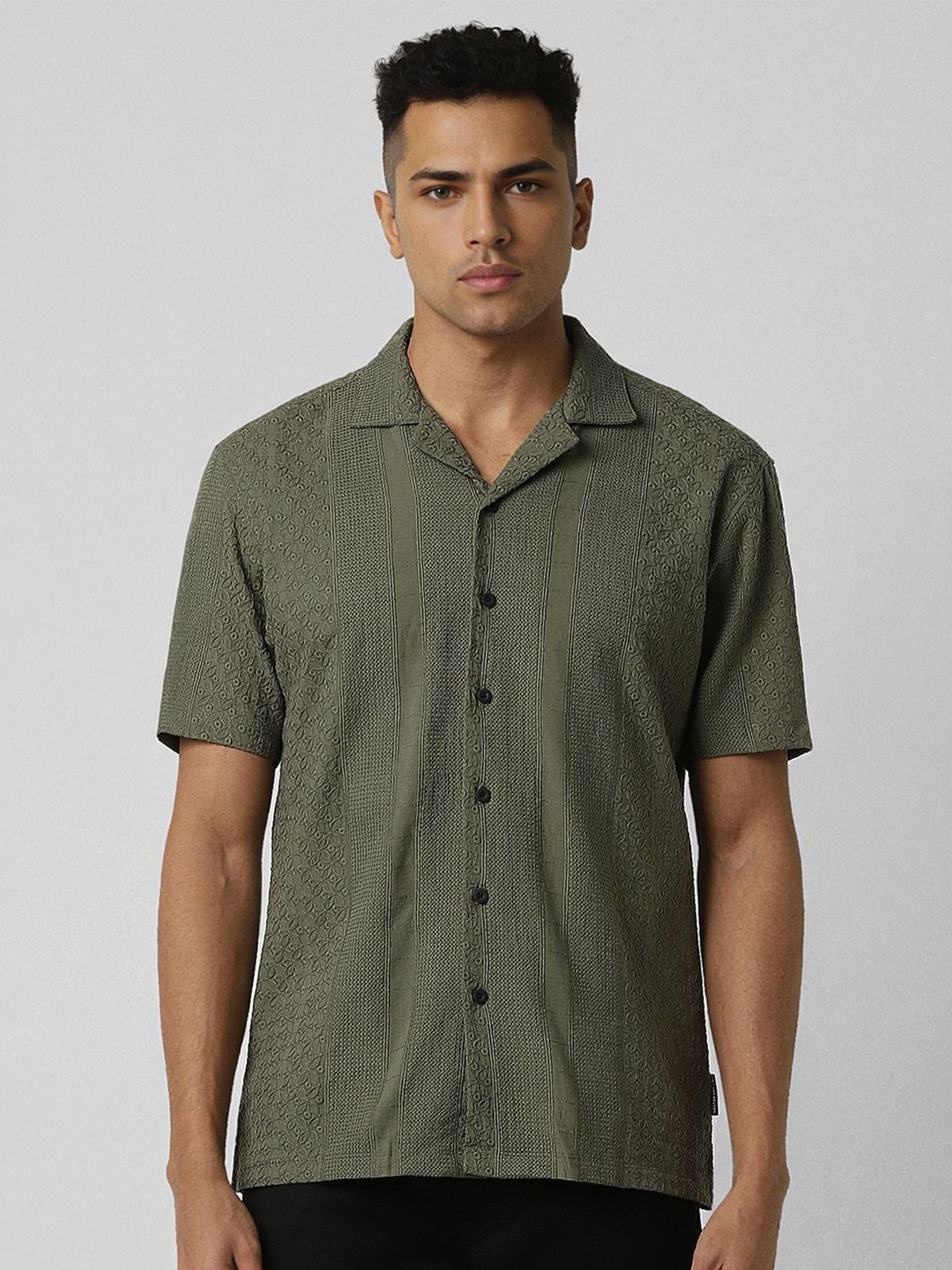 

V Dot Men Cuban Collar Textured Cotton Casual Shirt, Olive