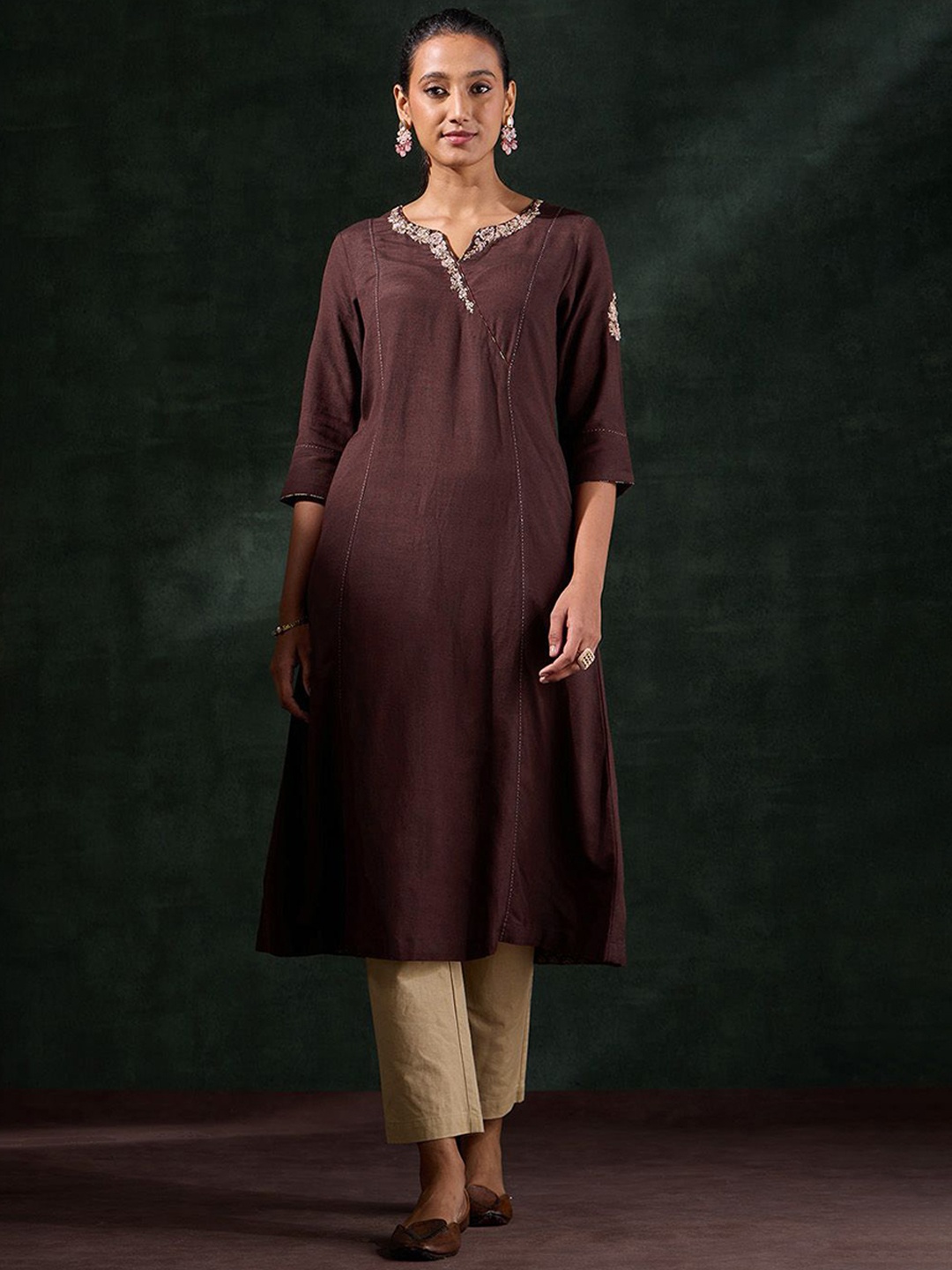 

Taneira Floral Embroidered Thread Work A Line Kurta, Brown