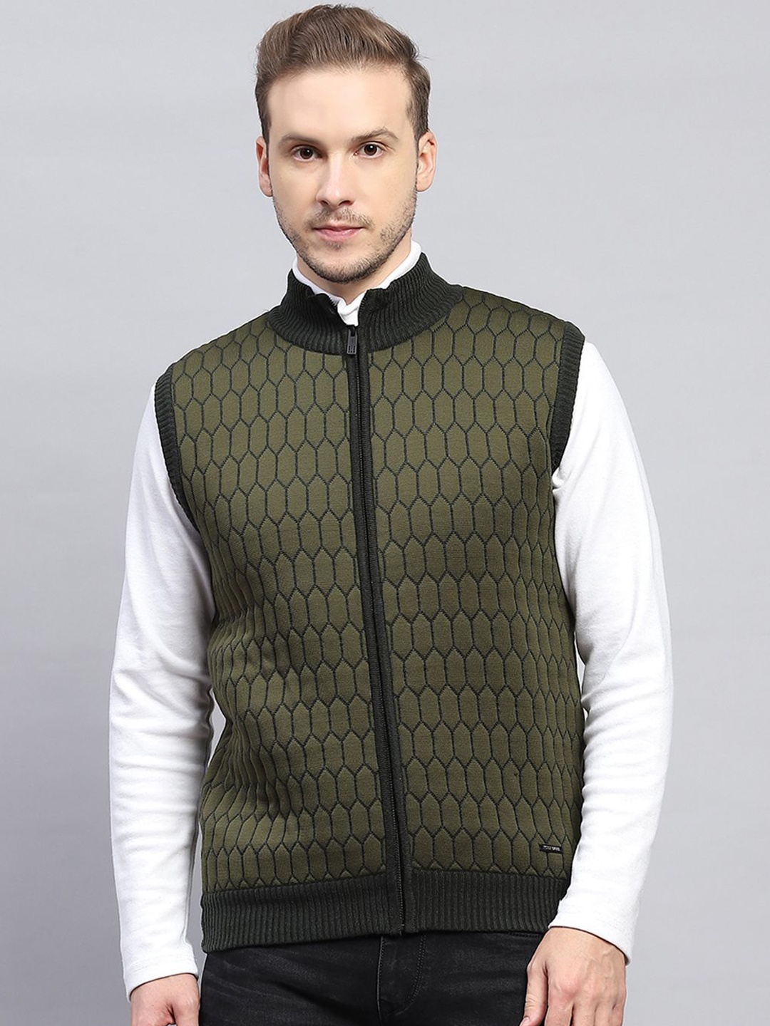 

Monte Carlo Men Mock Collar Self Design Wool Casual Quilted Jacket, Olive