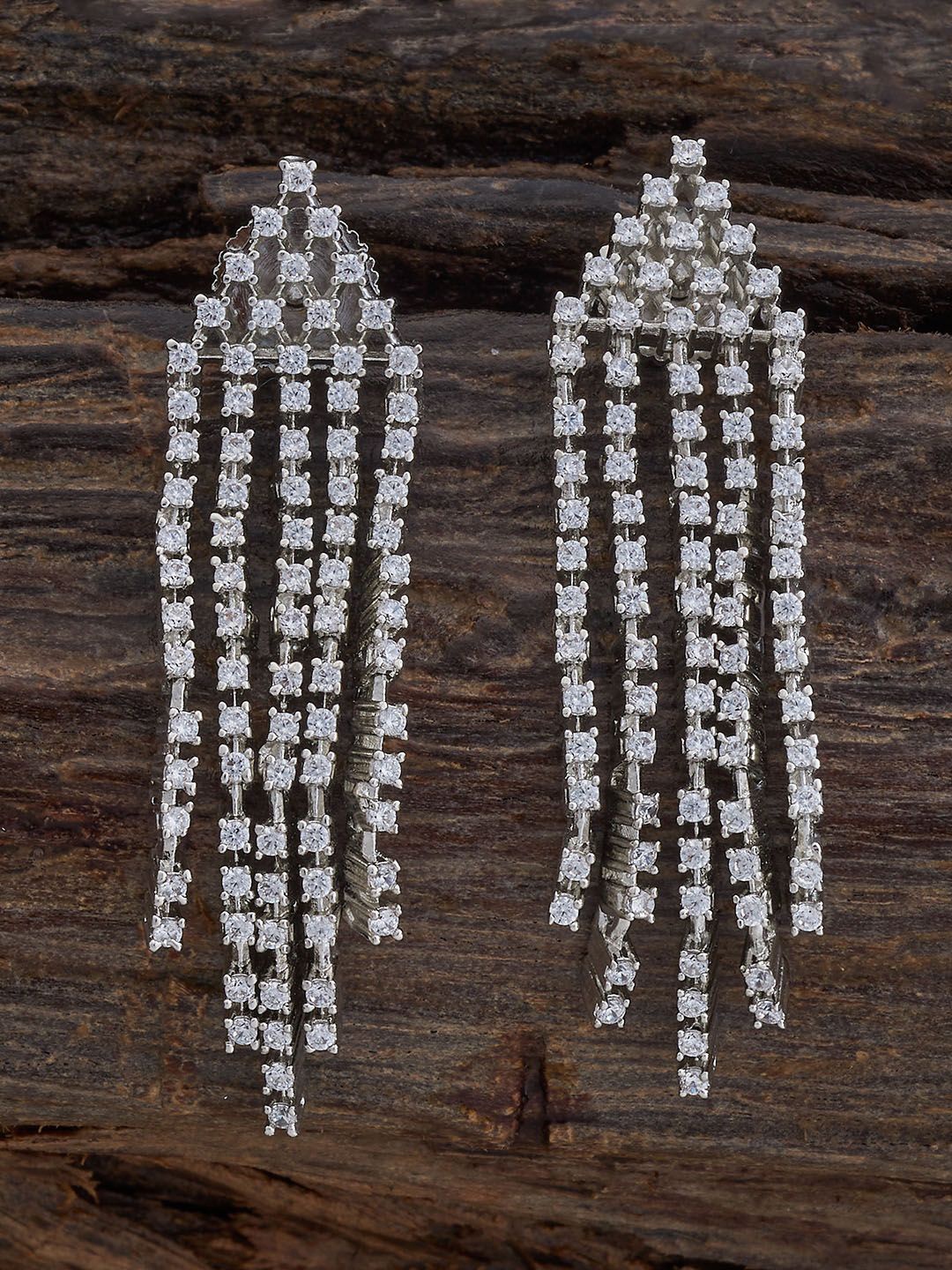 

Kushal's Fashion Jewellery Rhodium-Plated Triangular Shaped Cubic Zirconia Drop Earrings, Silver