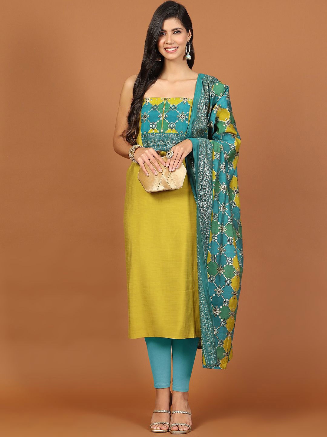 

Meena Bazaar Geometric Woven Design Mirror Work Unstitched Dress Material, Green