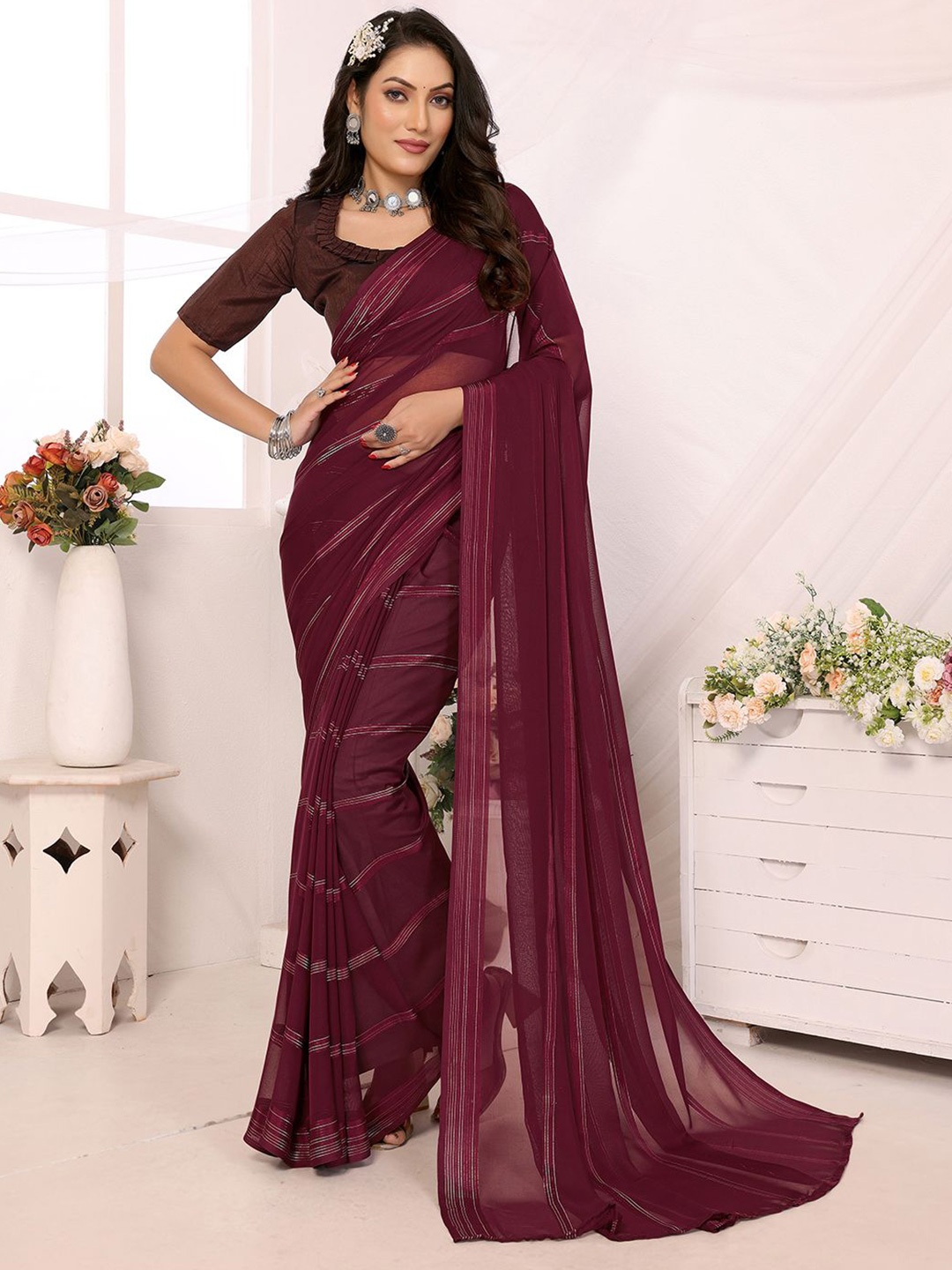 

Moda Rapido Striped Satin Saree, Maroon