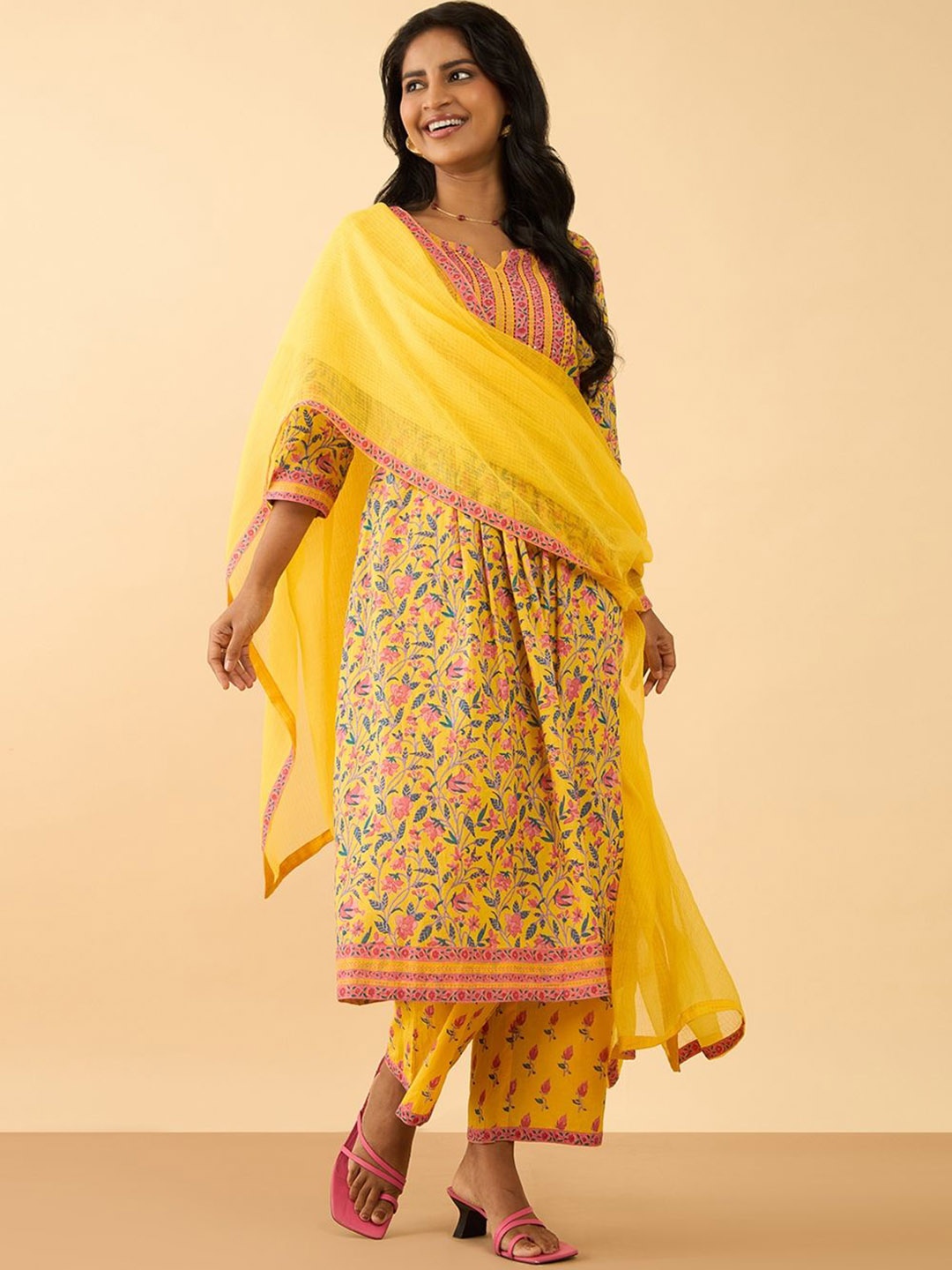 

Taneira Floral Printed Sequinned Pure Cotton Anarkali Kurta with Palazzos & Dupatta, Yellow