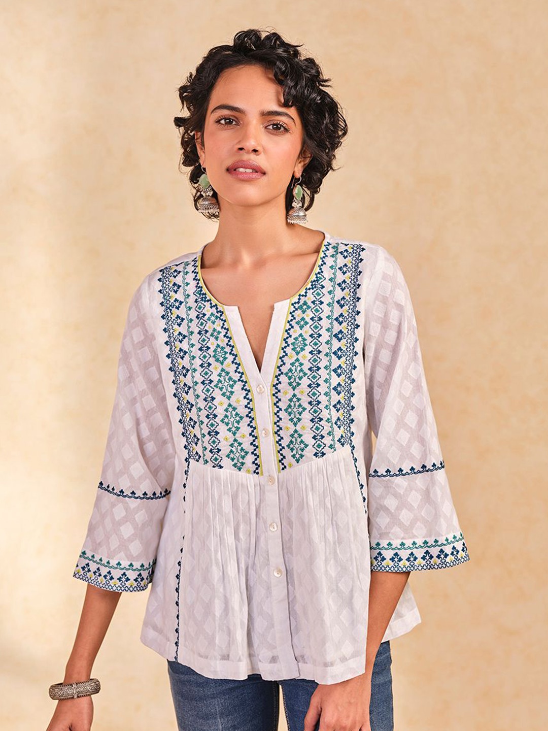 

Global Desi Women Embroidered Cotton Top, White