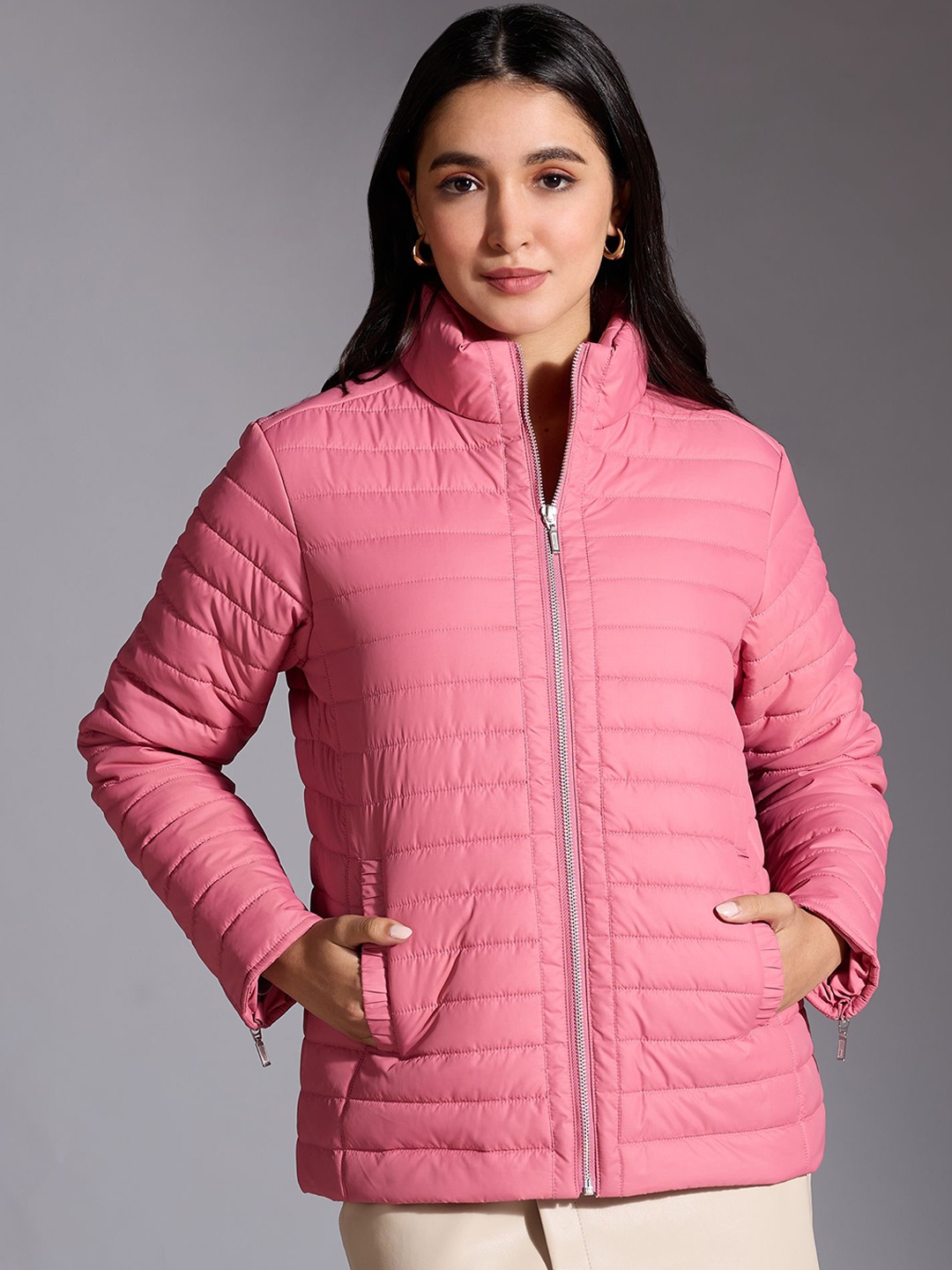 

20Dresses Mock Collar Solid Casual Quilted Puffer Jacket, Pink