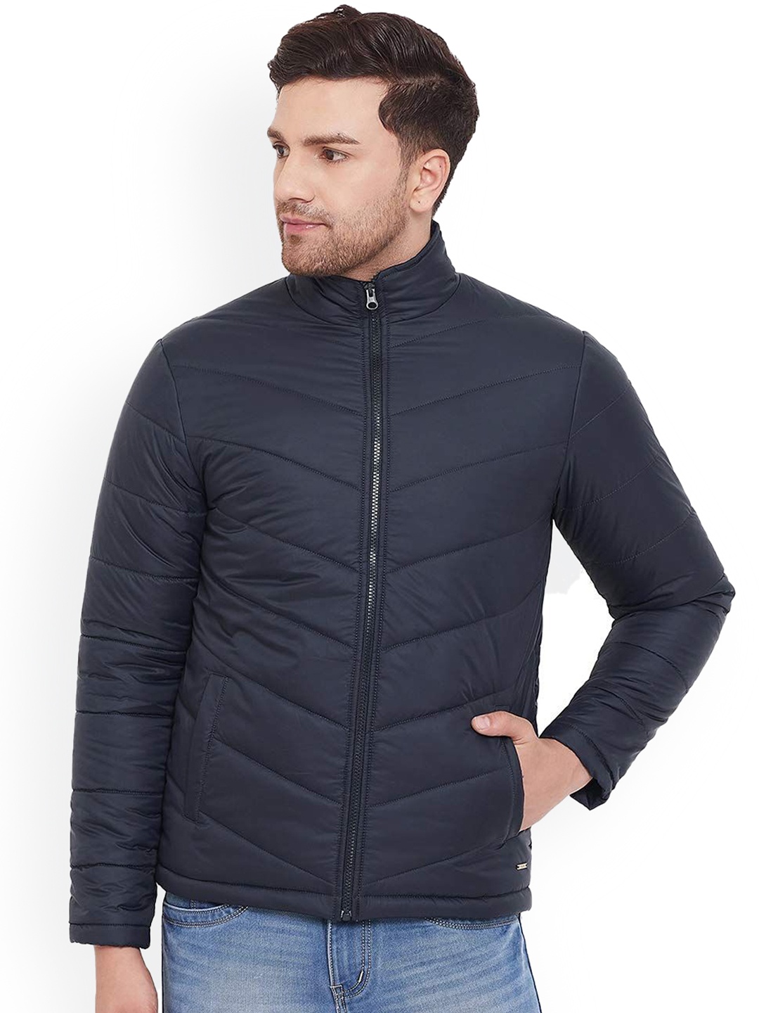 

PERFKT-U Men Mock Collar Solid Casual Padded Jacket, Navy blue
