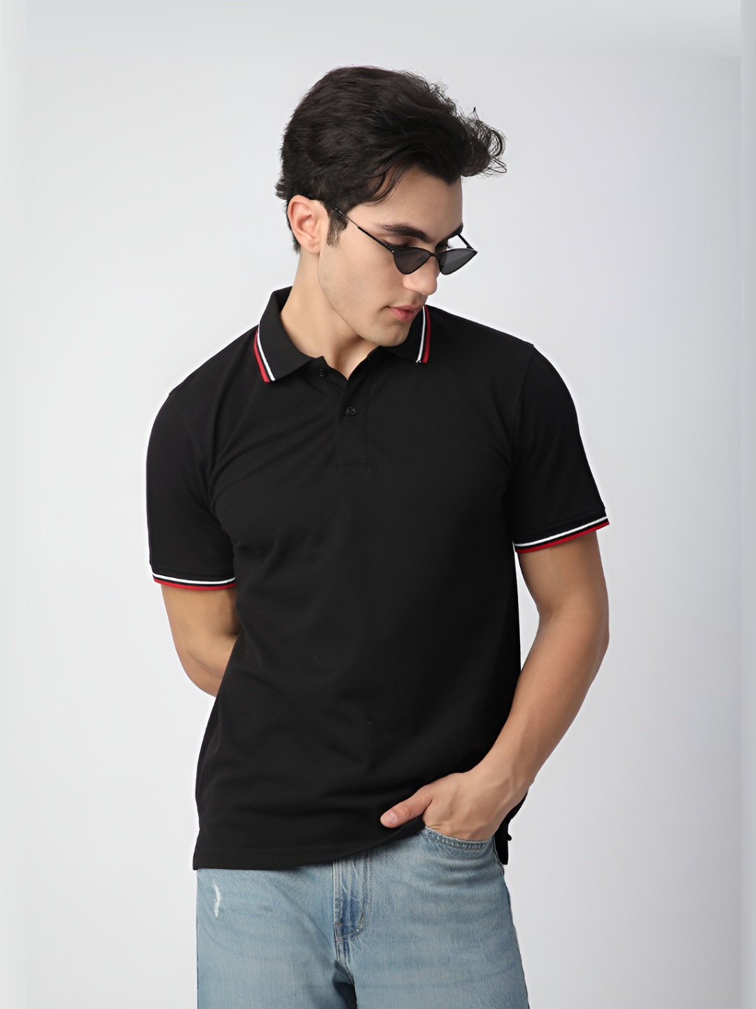 

R&B Men Solid Polo Collar Cotton T-shirt, Black