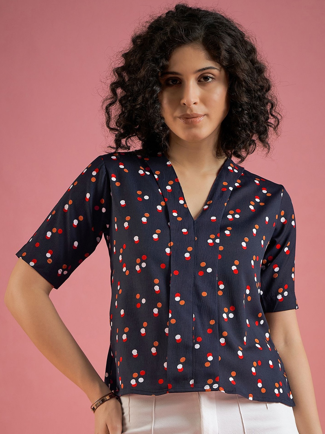 

Mayra Women Polka Dot Printed Shirt Style Top, Navy blue