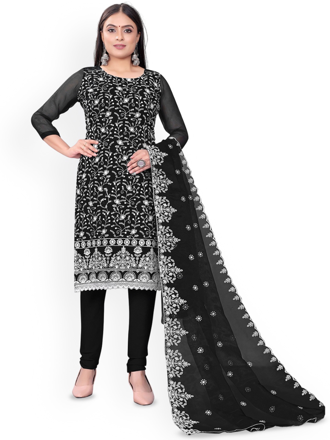 

Maroosh Embroidered Thread Work Organza Unstitched Dress Material, Black