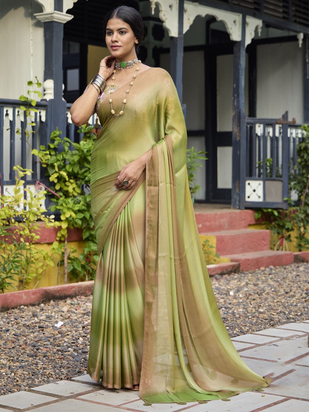 

CHUDIYA Ombre Beads and Stones Pure Chiffon Saree, Khaki