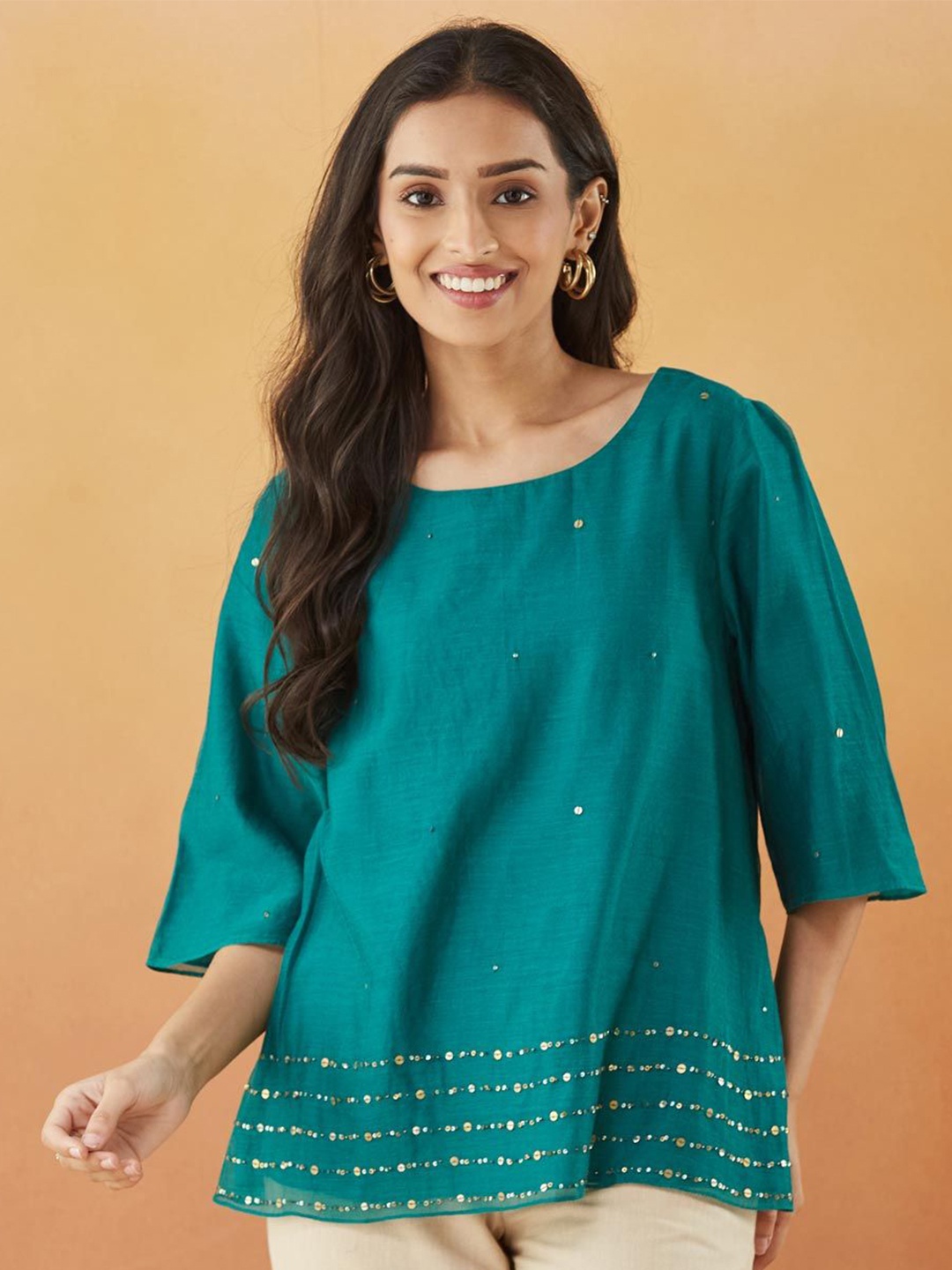 

Fabindia Embellished Flared Sleeve Cotton Top, Green