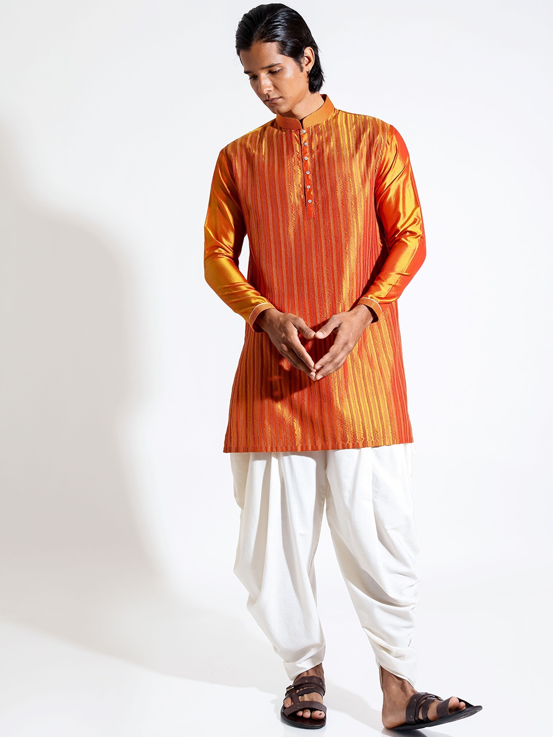 

VIVEK KARUNAKARAN Striped Straight Kurta with Dhoti Pants, Mustard