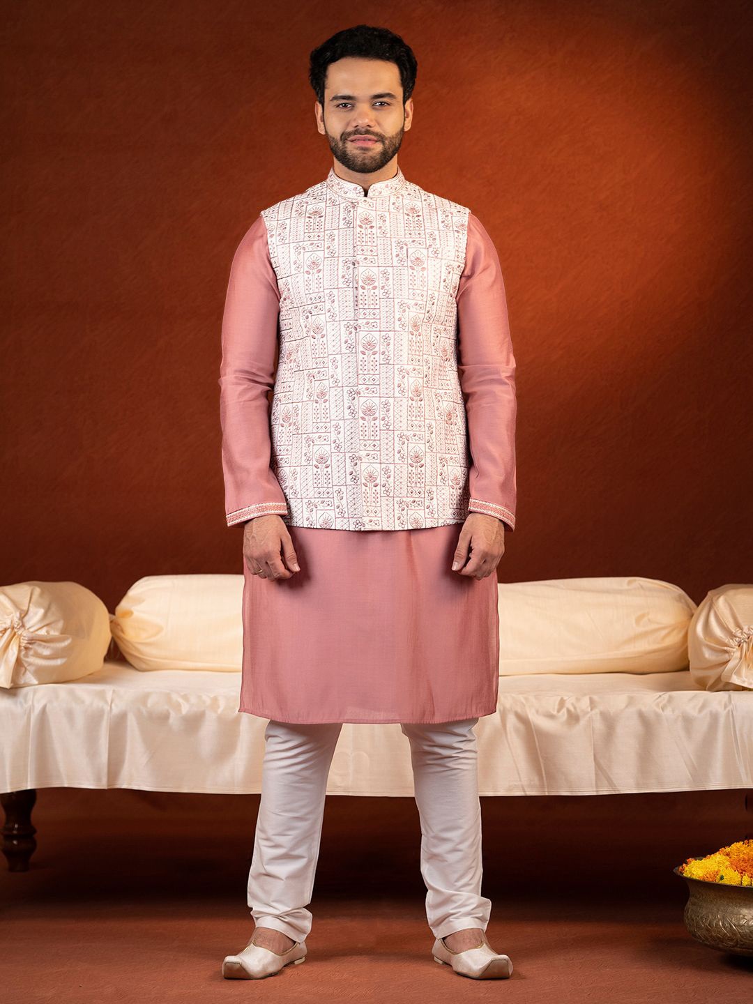 

TheEthnic.Co Men Mandarin Collar Straight Pure Cotton Kurta with Churidar, Cream
