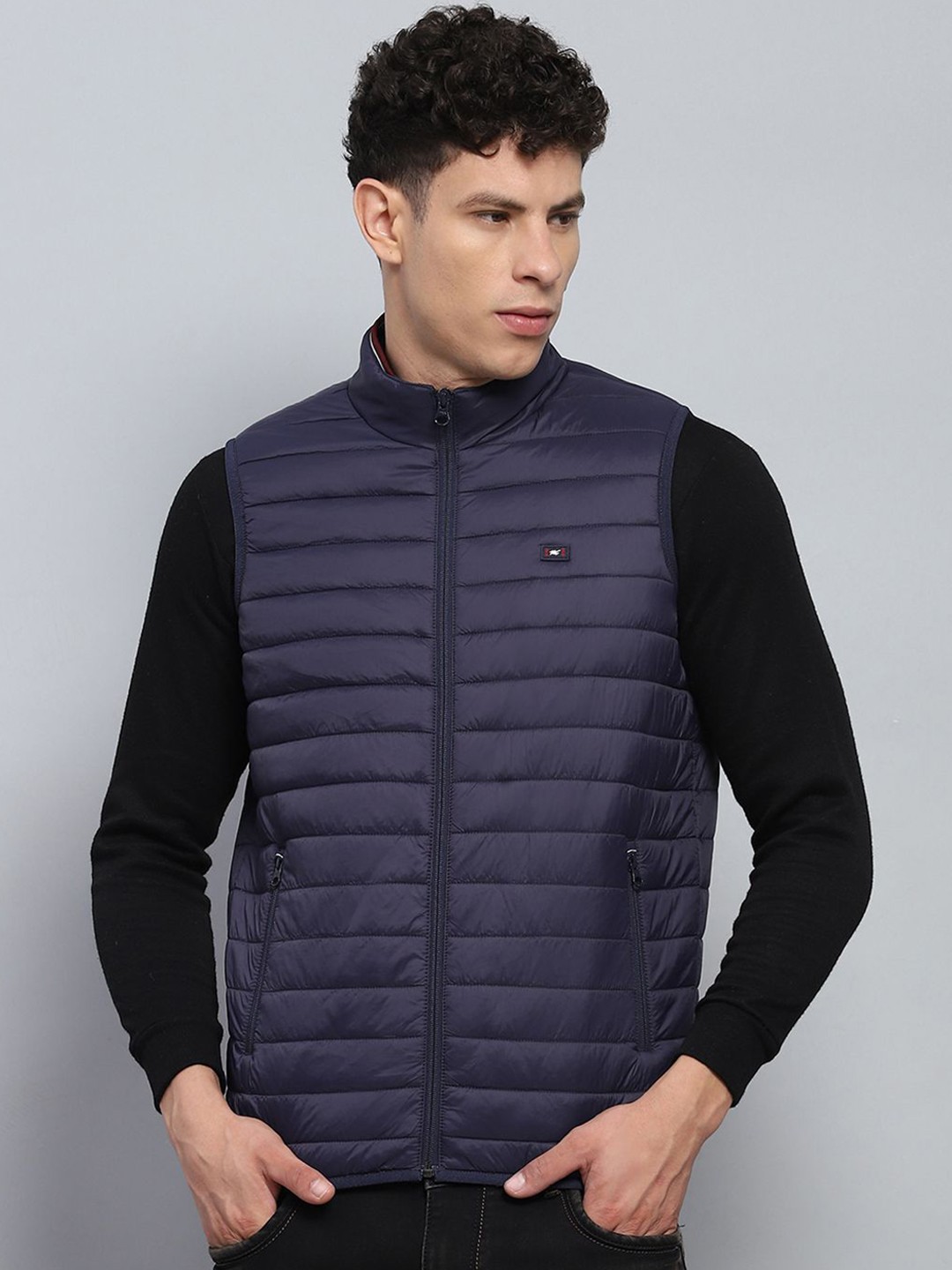 

Monte Carlo Men Mock Collar Solid Casual Puffer Jacket, Navy blue