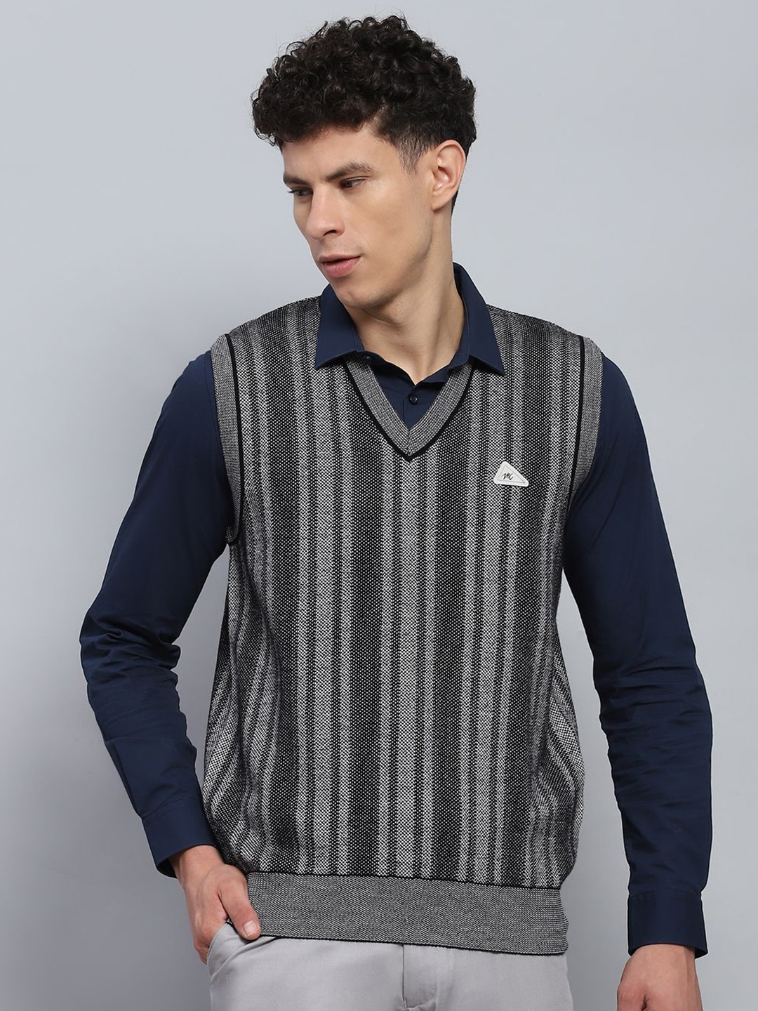 

Monte Carlo Men Striped Woollen Pullover, Grey