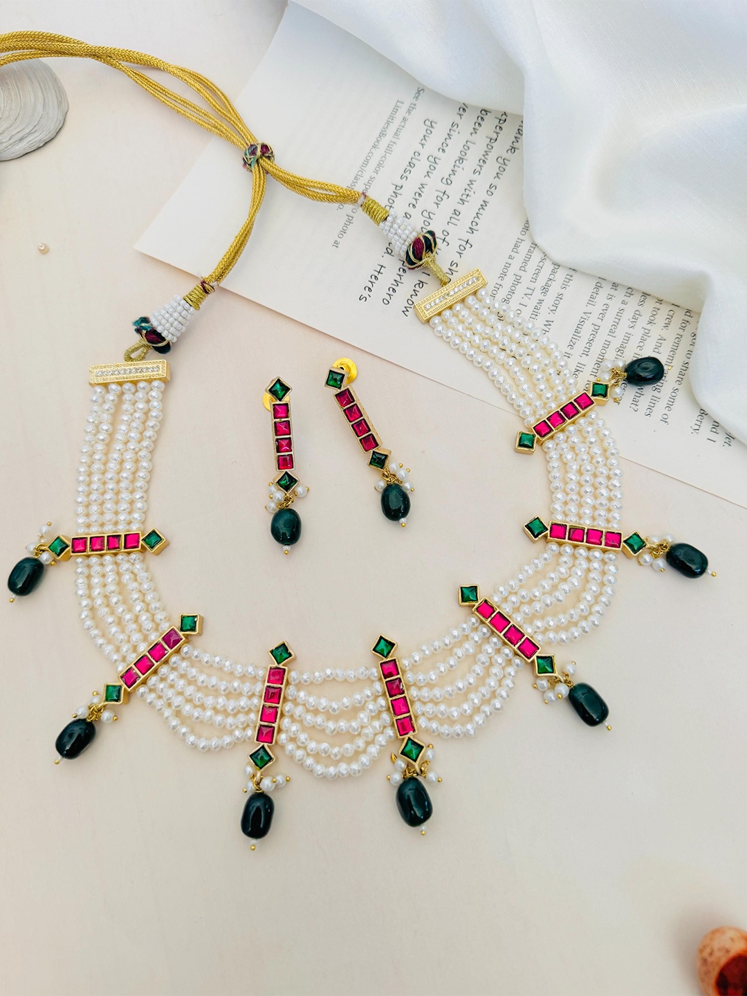 

ABDESIGNS Gold-Plated Stones-Studded & Beaded Jewellery Set