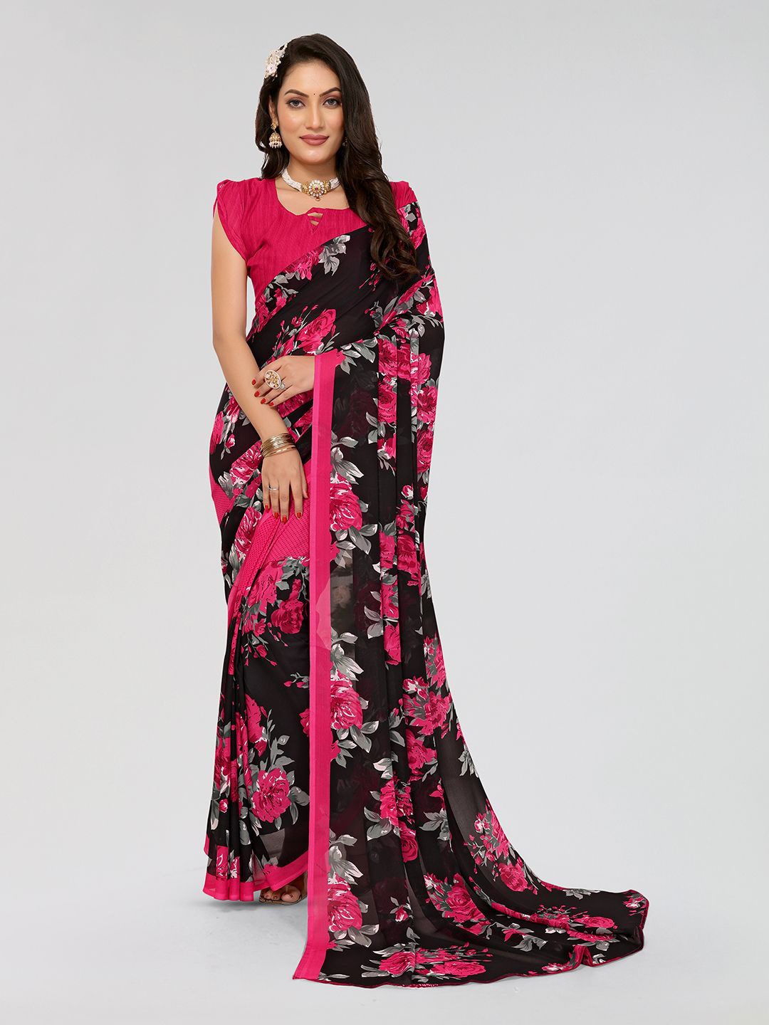 

Moda Rapido Floral Poly Georgette Saree, Pink