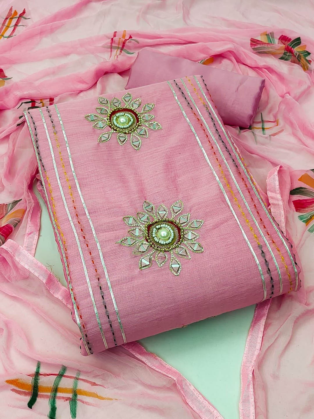 

Maroosh Floral Embroidered Beads and Stones Unstitched Dress Material, Pink