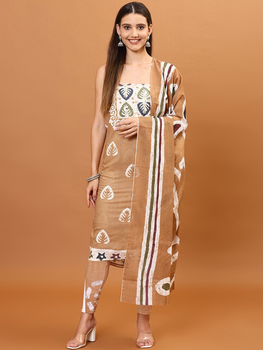 

Meena Bazaar Floral Printed Unstitched Dress Material, Beige