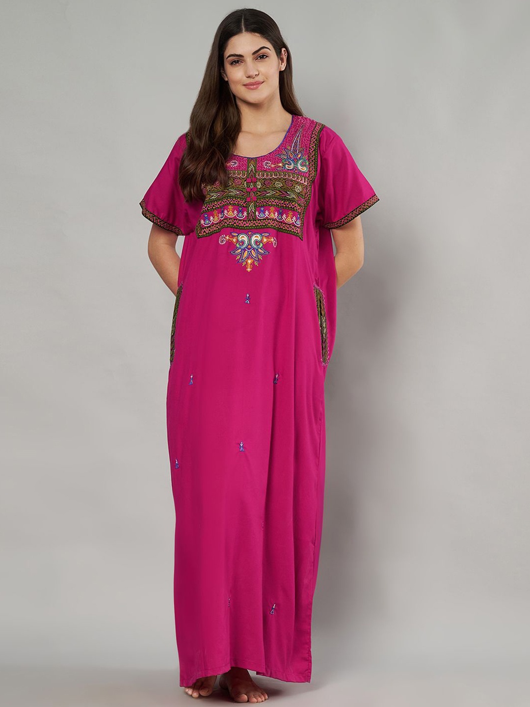 

KOI SLEEPWEAR Women Embroidered Maxi Nightdress, Pink