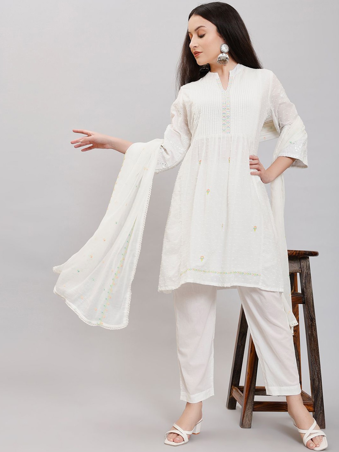 

ZARI Floral Embroidered Pure Cotton Anarkali Kurta with Trousers & Dupatta, White