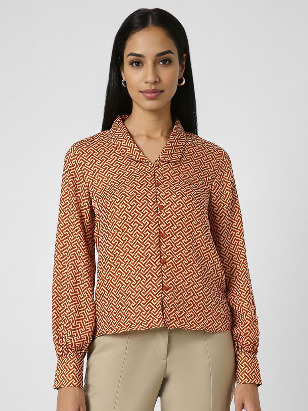 

Van Heusen Woman Spread Collar Abstract Printed Semiformal Shirt, Beige